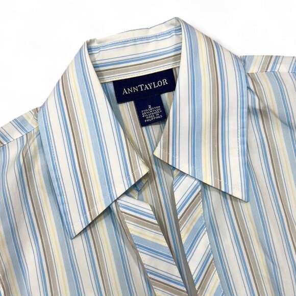 Y2K Vintage Ann Taylor Blue‎ White Striped Sleeveless Blouse 2 Collared Fitted - Picture 3 of 4
